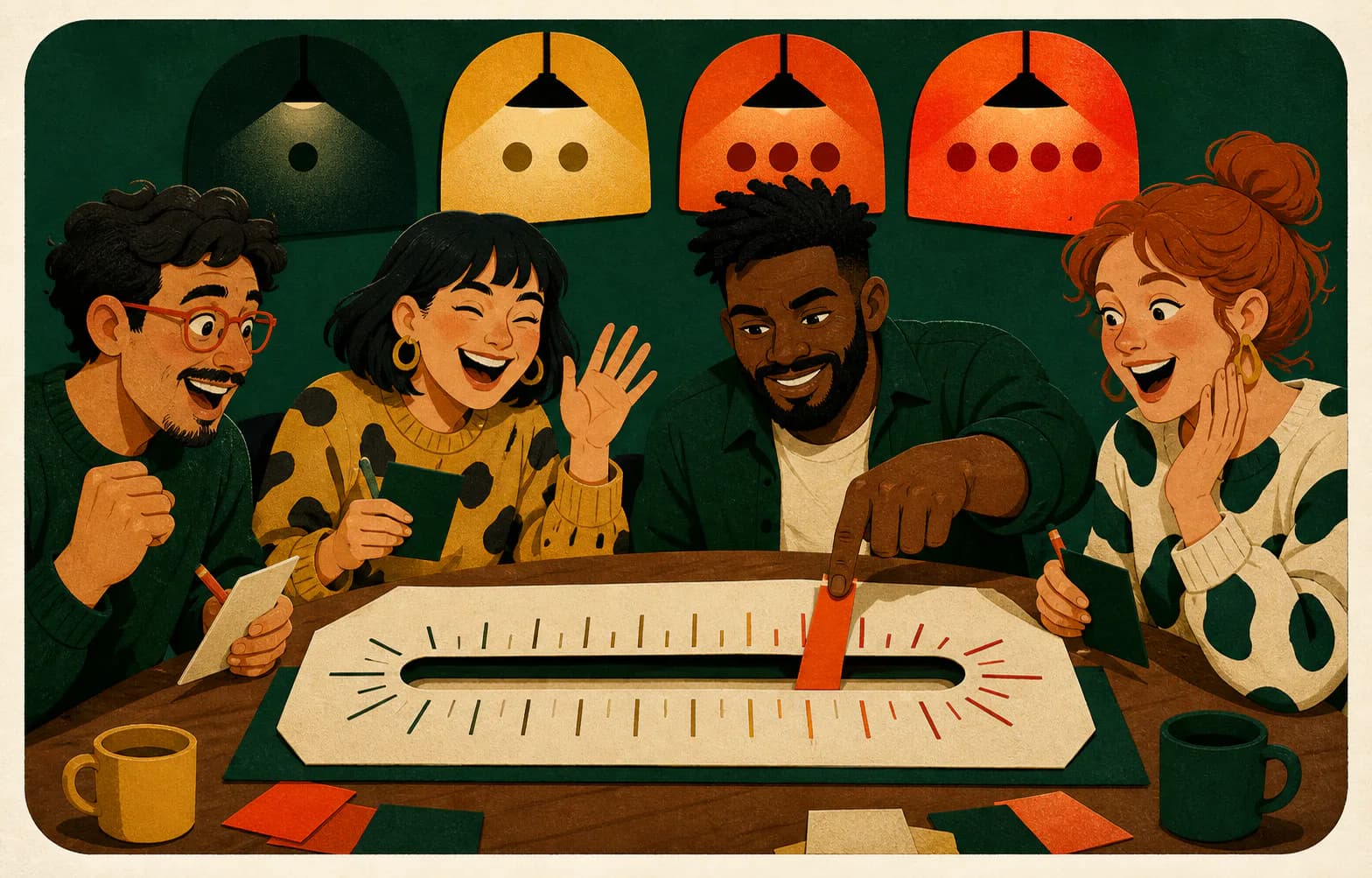 Four friends laugh around a table while one locks a guess on a number scale